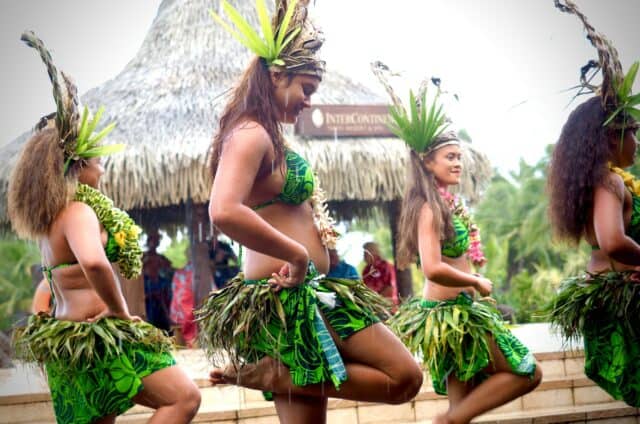 Women hula dancing in tropical Hawaii